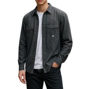 THIRD & ARMY Los Angeles Mens Grey Chambray Pearl Snap Shirt Denim Look Size XL